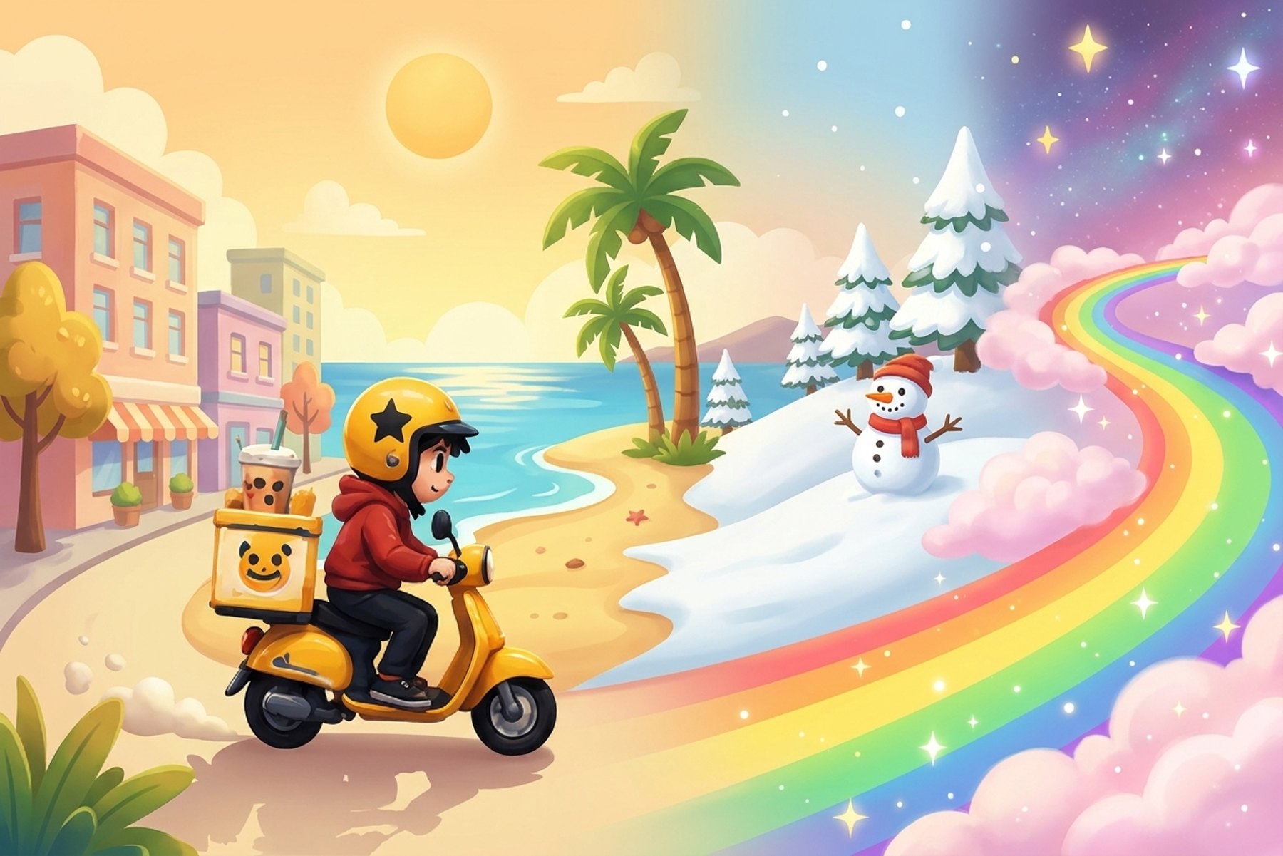 Dashy riding his scooter from the city through the beach and snow to Rainbow Road